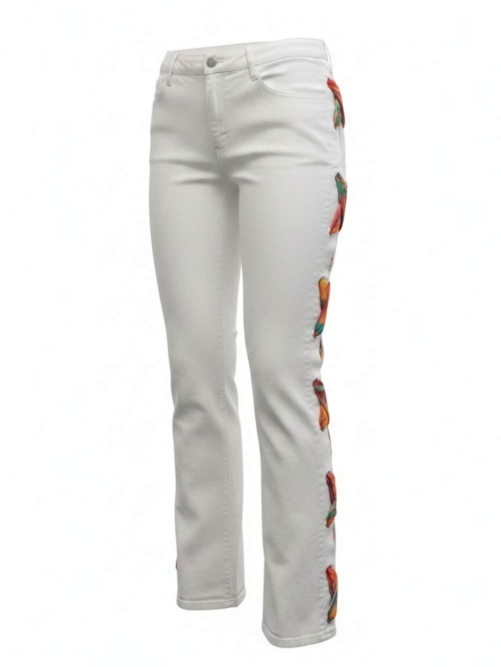 Bundle 2 / White Straight-Leg Jeans with Colorful Parrot Side Embroidery